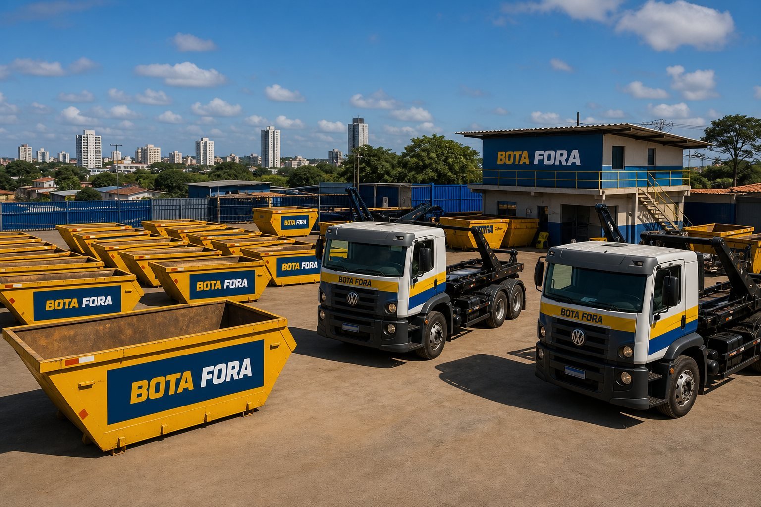 Pátio operacional da Bota Fora com frota e caçambas em Cuiabá